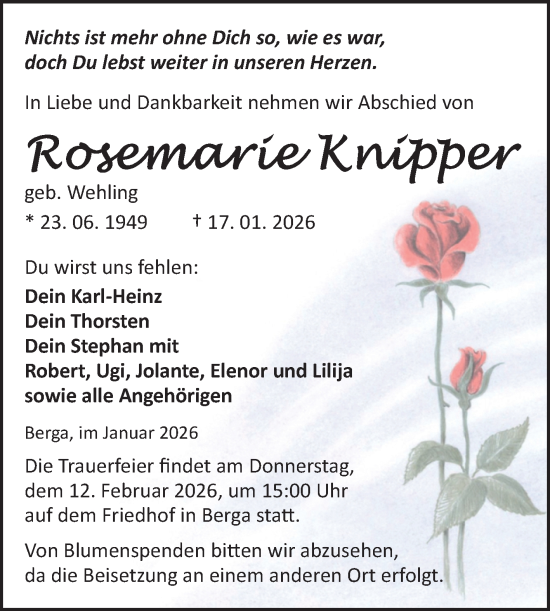 Traueranzeige von Rosemarie Knipper von Trauerkombi Sangerhausen