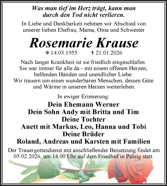 Traueranzeige von Rosemarie Krause von Trauerkombi Wittenberg