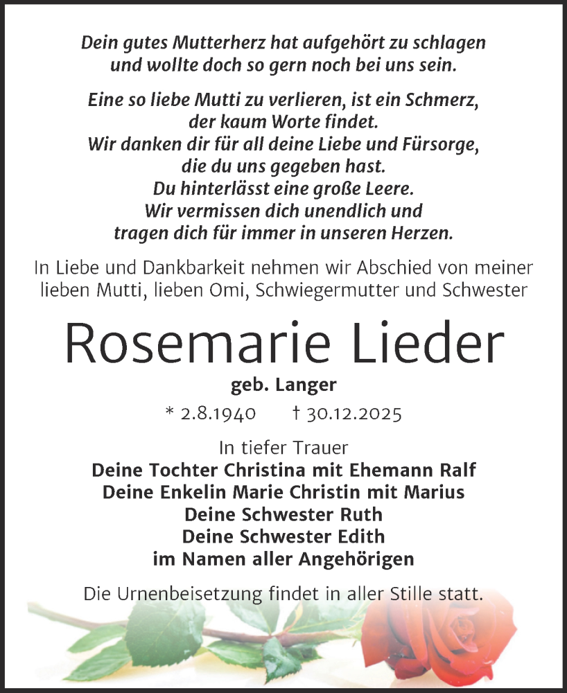  Traueranzeige für Rosemarie Lieder vom 17.01.2026 aus Trauerkombi Wittenberg