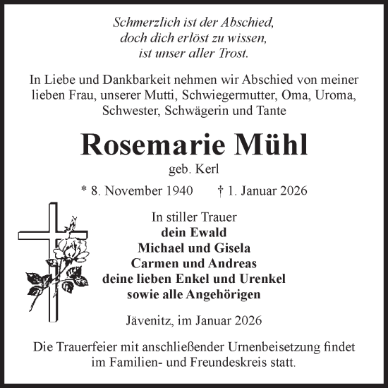 Traueranzeige von Rosemarie Mühl von Volksstimme Altmark West