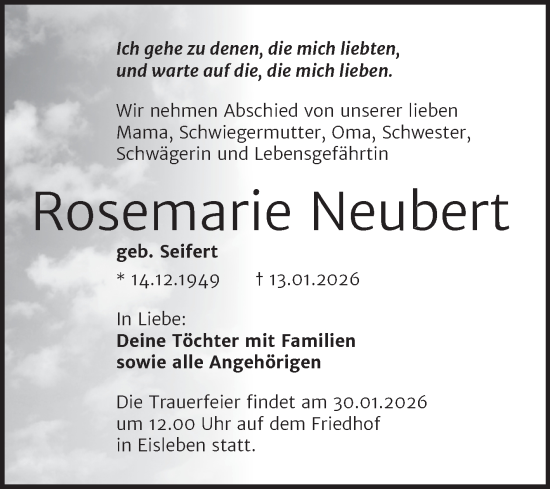 Traueranzeige von Rosemarie Neubert von Trauerkombi Mansfelder Land