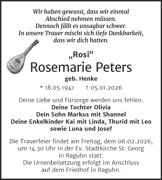 Traueranzeige von Rosemarie Peters von Trauerkombi Bitterfeld