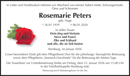 Traueranzeige von Rosemarie Peters von Volksstimme Wernigerode