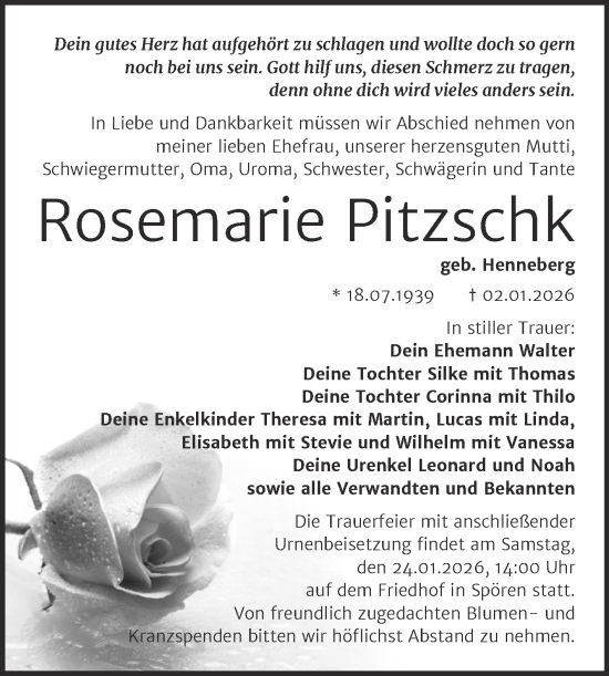 Traueranzeige von Rosemarie Pitzschk von Trauerkombi Bitterfeld