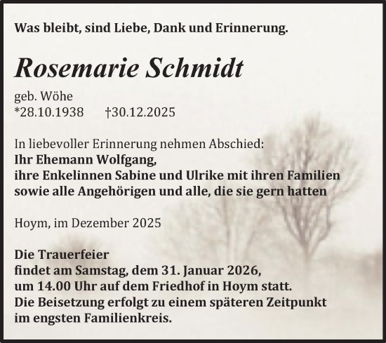 Traueranzeige von Rosemarie Schmidt von Trauerkombi Aschersleben