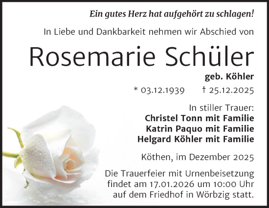 Traueranzeige von Rosemarie Schüler von Trauerkombi Köthen