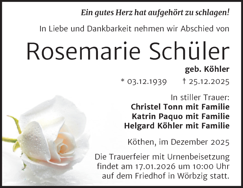  Traueranzeige für Rosemarie Schüler vom 10.01.2026 aus Trauerkombi Köthen