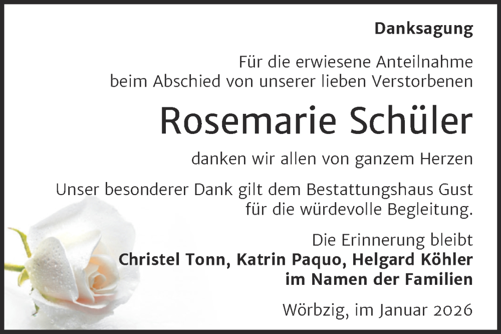  Traueranzeige für Rosemarie Schüler vom 31.01.2026 aus Trauerkombi Köthen