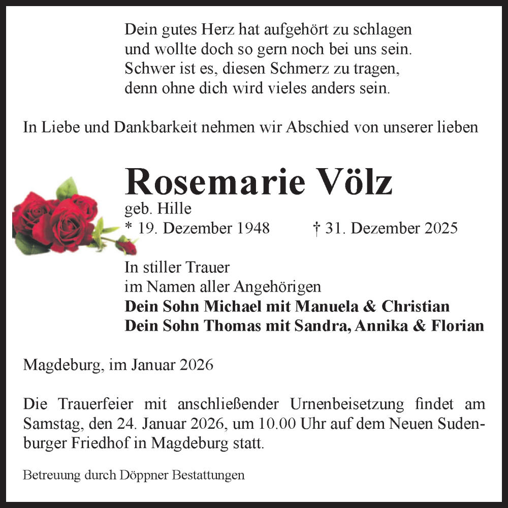  Traueranzeige für Rosemarie Völz vom 17.01.2026 aus Volksstimme Magdeburg