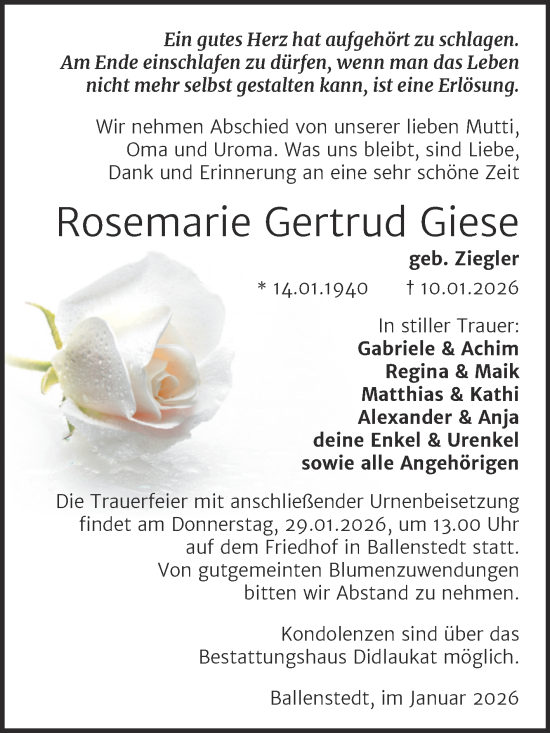 Traueranzeige von Rosemarie Gertrud Giese von Trauerkombi Quedlinburg