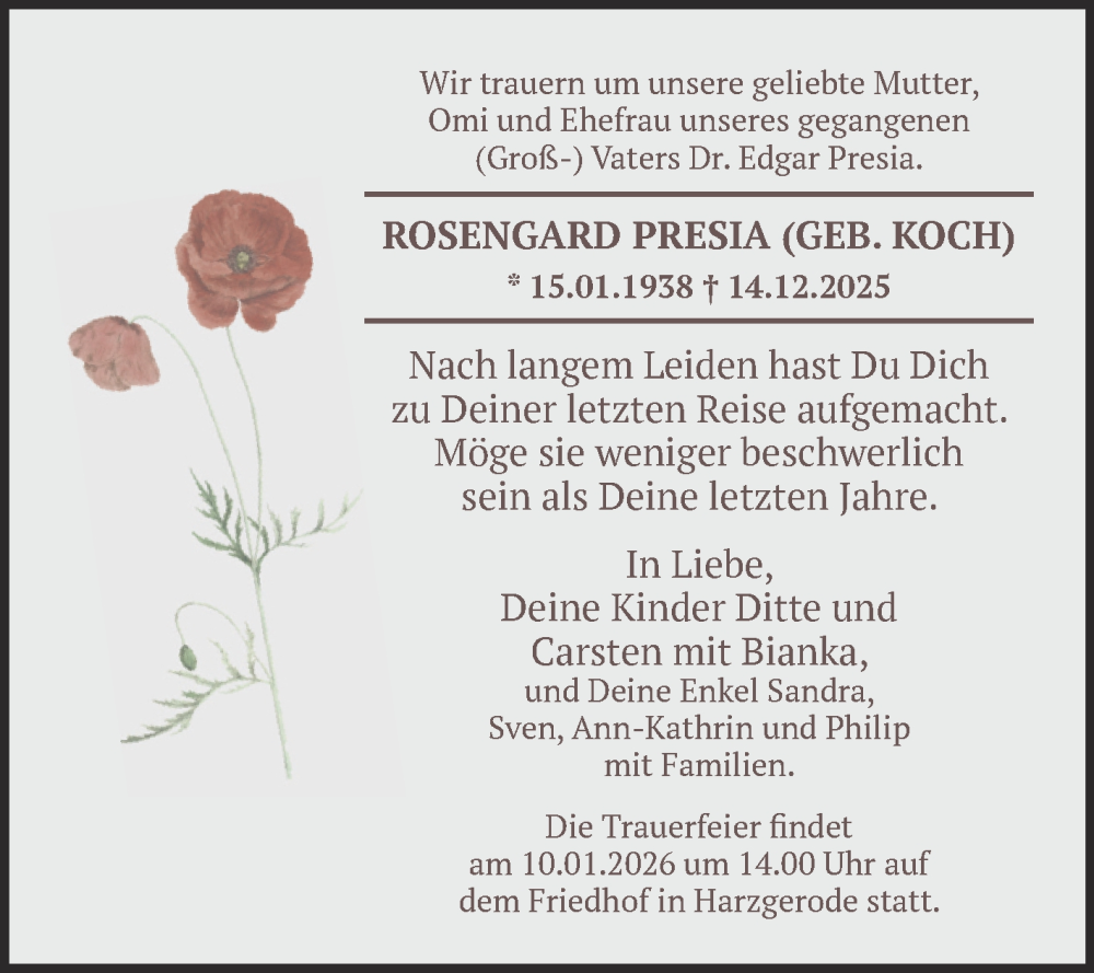 Traueranzeige für Rosengard Presia vom 09.01.2026 aus Mitteldeutsche Zeitung Quedlingburg
