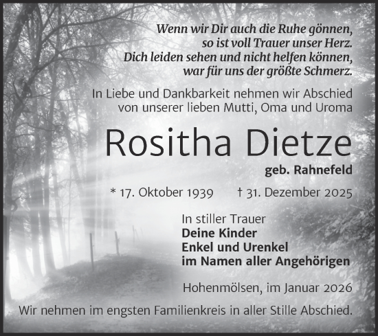 Traueranzeige von Rositha Dietze von Trauerkombi Weißenfels