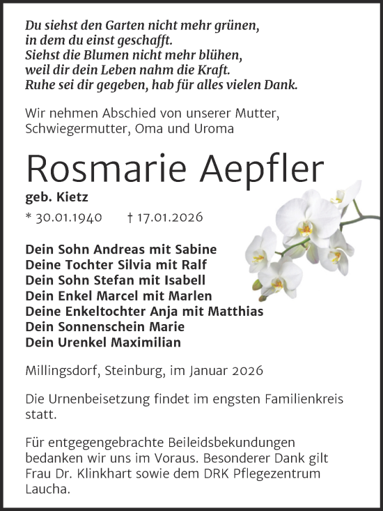 Traueranzeige von Rosmarie Aepfler von Super Sonntag Naumburg/Nebra