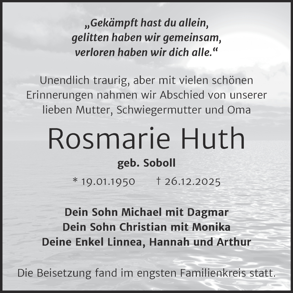  Traueranzeige für Rosmarie Huth vom 10.01.2026 aus Trauerkombi Wittenberg