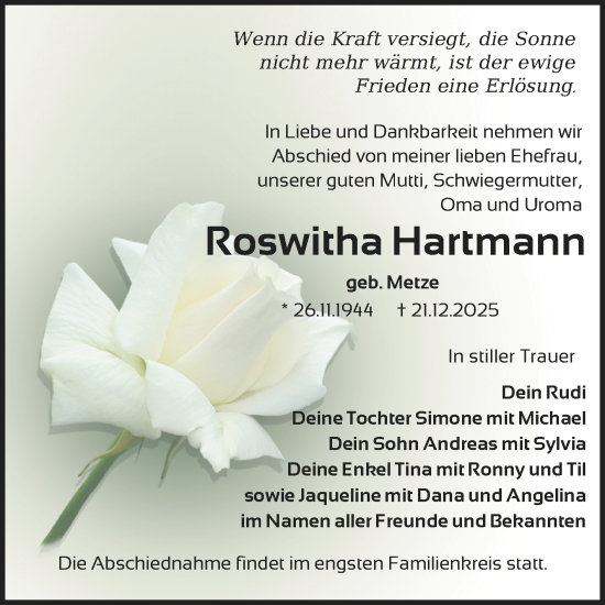 Traueranzeige von Roswitha Hartmann von Trauerkombi Zeitz