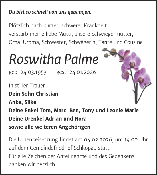 Traueranzeige von Roswitha Palme von Trauerkombi Merseburg