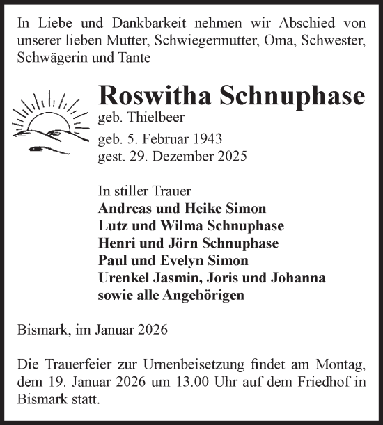 Traueranzeige von Roswitha Schnuphase von Volksstimme Altmark Ost