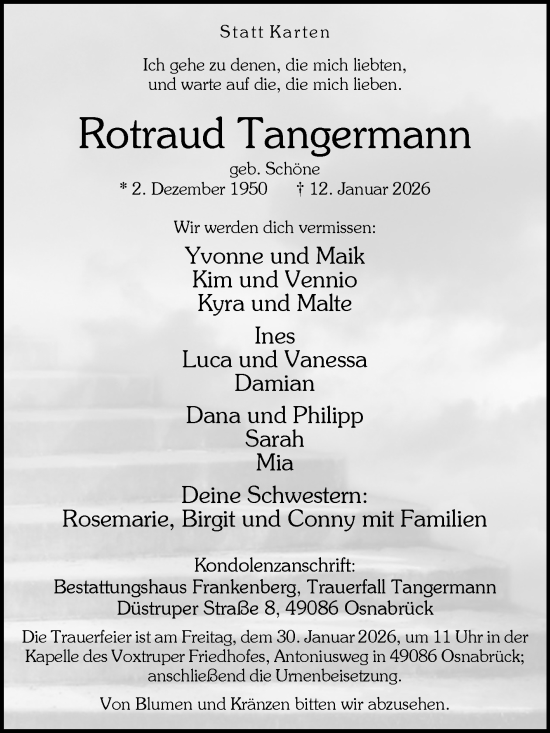 Traueranzeige von Rotraud Tangermann von Volksstimme Staßfurt