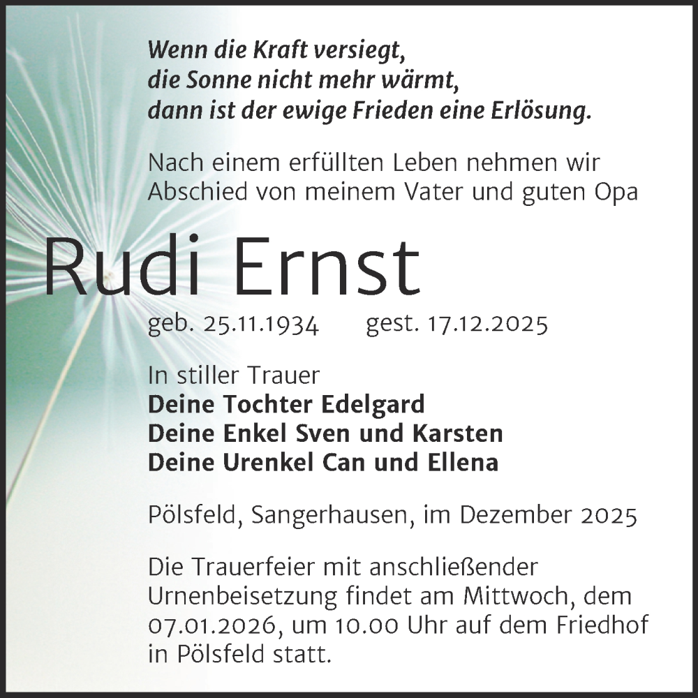 Traueranzeige für Rudi Ernst vom 03.01.2026 aus Trauerkombi Sangerhausen