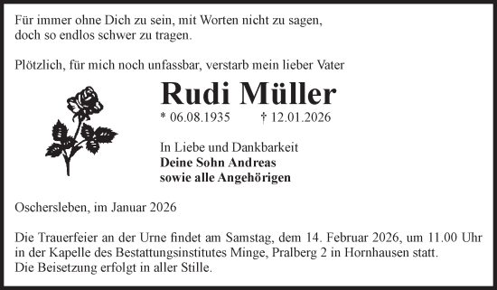 Traueranzeige von Rudi Müller von Volksstimme Oschersleben/Wanzleben