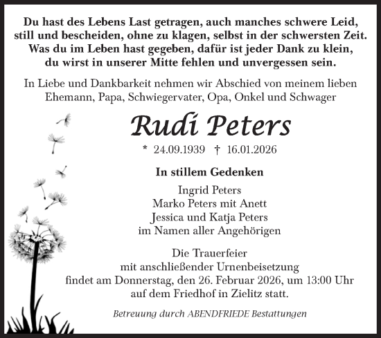 Traueranzeige von Rudi Peters von Volksstimme Haldensleben/Wolmirstedt