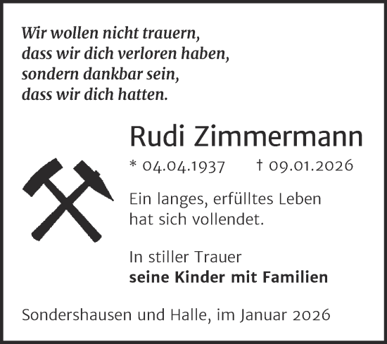 Traueranzeige von Rudi Zimmermann von Mitteldeutsche Zeitung Halle/Saalkreis