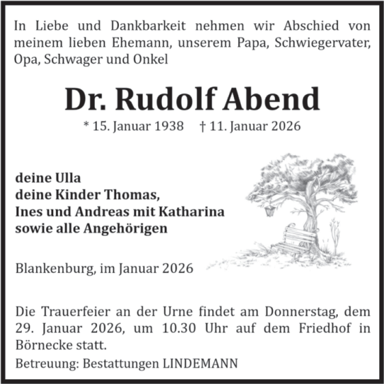 Traueranzeige von Rudolf Abend von Volksstimme Wernigerode