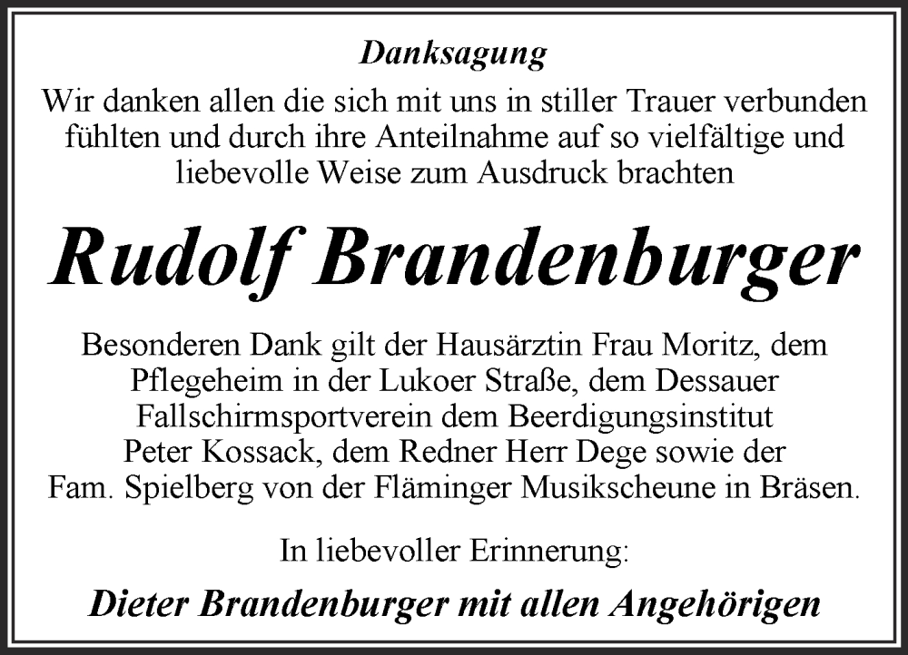  Traueranzeige für Rudolf Brandenburger vom 24.01.2026 aus Trauerkombi Wittenberg