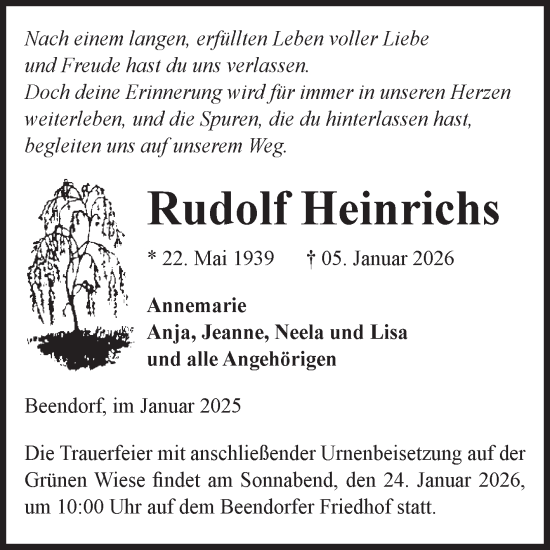 Traueranzeige von Rudolf Heinrichs von Volksstimme Haldensleben/Wolmirstedt