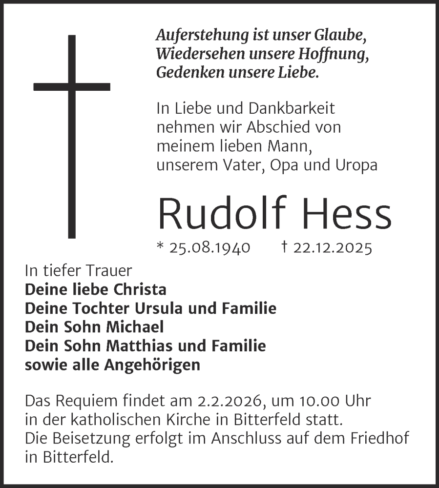  Traueranzeige für Rudolf Hess vom 17.01.2026 aus Trauerkombi Bitterfeld
