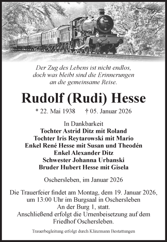 Traueranzeige von Rudolf Hesse von Volksstimme Oschersleben/Wanzleben