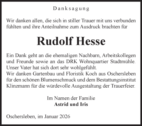 Traueranzeige von Rudolf Hesse von Volksstimme Oschersleben/Wanzleben