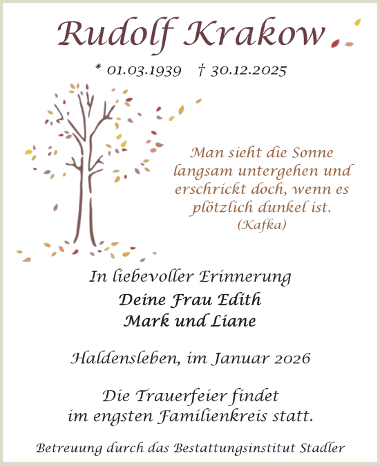 Traueranzeige von Rudolf Krakow von Volksstimme Haldensleben/Wolmirstedt