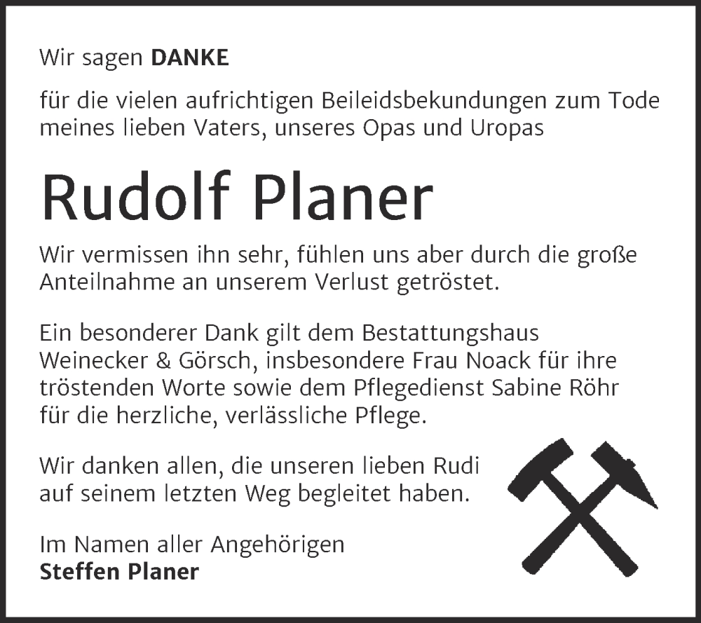  Traueranzeige für Rudolf Planer vom 17.01.2026 aus Trauerkombi Bernburg