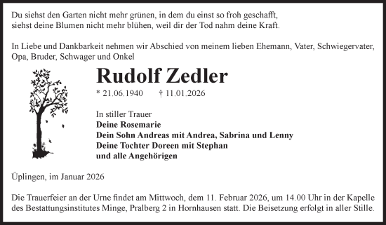 Traueranzeige von Rudolf Zedler von Volksstimme Oschersleben/Wanzleben