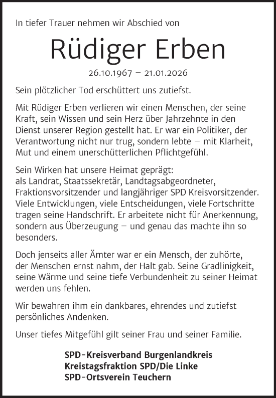 Traueranzeige von Rüdiger Erben von Mitteldeutsche Zeitung Regionalausgabe Süd