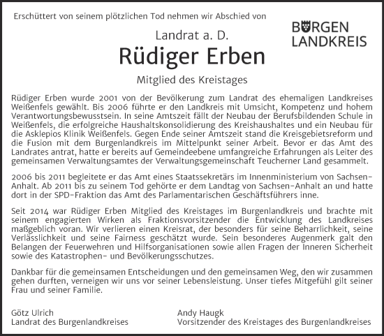 Traueranzeige von Rüdiger Erben von Super Sonntag Merseburg/Querfurt