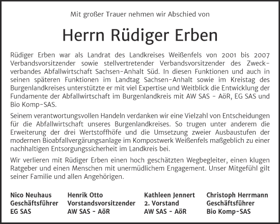 Traueranzeige von Rüdiger Erben von Naumburger Tageblatt