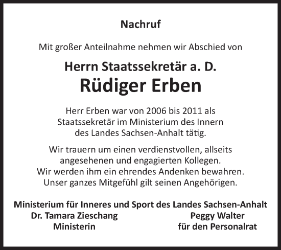 Traueranzeige von Rüdiger Erben von Volksstimme Magdeburg