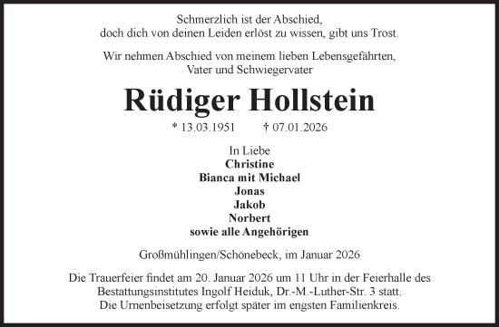 Traueranzeige von Rüdiger Hollstein von Volksstimme Schönebeck