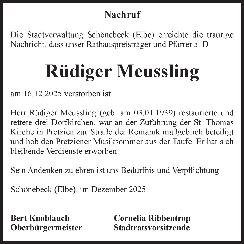  Traueranzeige für Rüdiger Meussling vom 10.01.2026 aus Volksstimme Schönebeck
