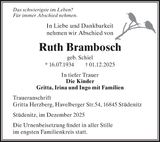 Traueranzeige von Ruth Brambosch von Volksstimme Altmark Ost
