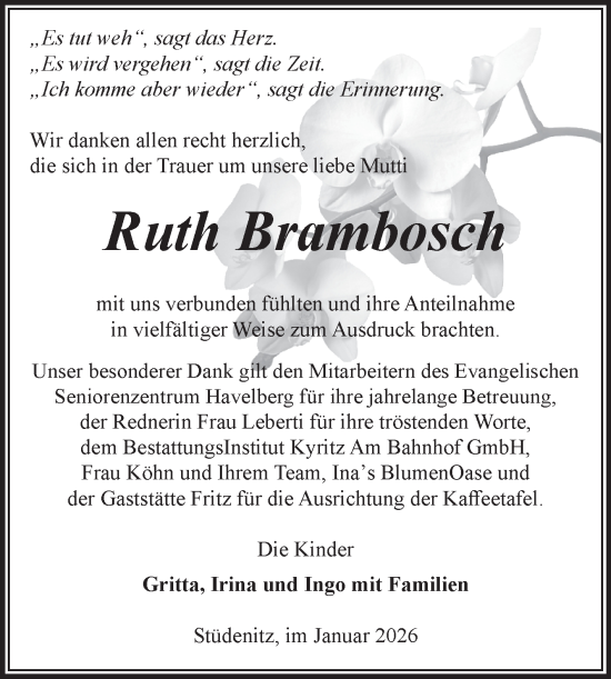 Traueranzeige von Ruth Brambosch von Volksstimme Altmark Ost