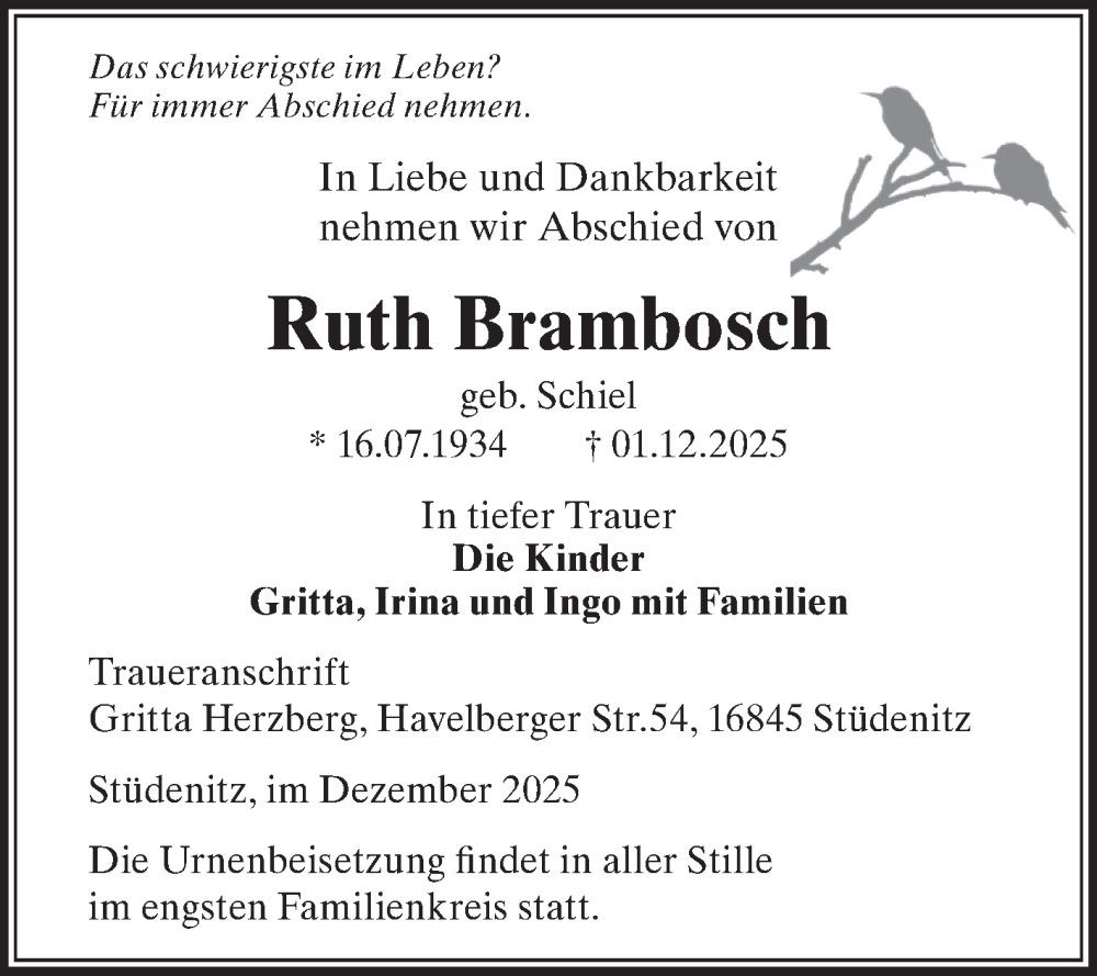  Traueranzeige für Ruth Brambosch vom 02.01.2026 aus Volksstimme Altmark Ost