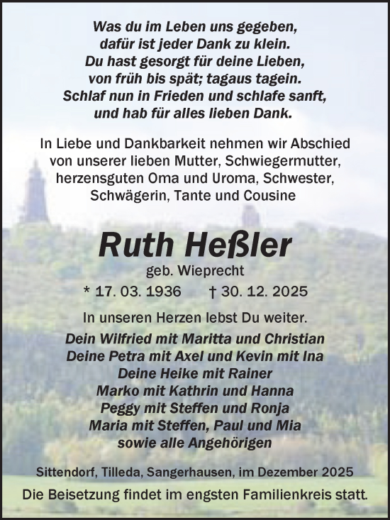 Traueranzeige von Ruth Heßler von Trauerkombi Sangerhausen