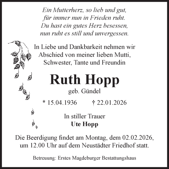 Traueranzeige von Ruth Hopp von Volksstimme Magdeburg