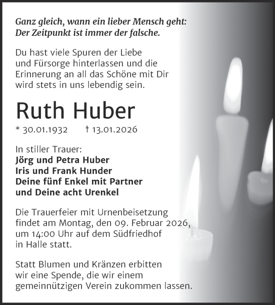 Traueranzeige von Ruth Huber von Mitteldeutsche Zeitung Halle/Saalkreis