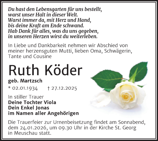 Traueranzeige von Ruth Köder von Trauerkombi Merseburg