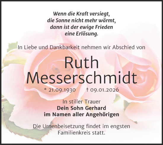 Traueranzeige von Ruth Messerschmidt von Mitteldeutsche Zeitung Bitterfeld