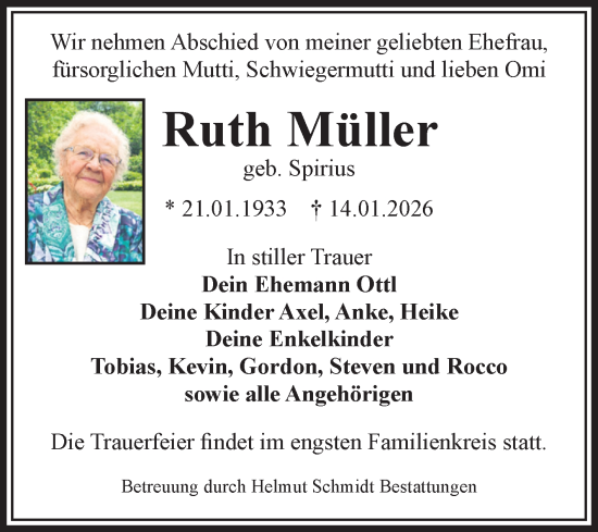 Traueranzeige von Ruth Müller von Volksstimme Magdeburg